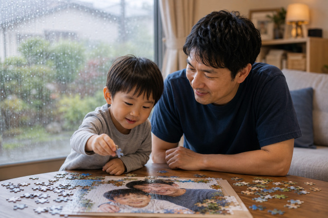 父の日にパパと子どもがジグソーパズルで遊んでいる様子